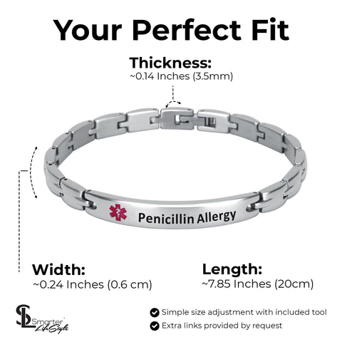 Elegant Surgical Grade Steel Medical Alert ID Bracelet For Men and Women (Women's, Penicillin Allergy)